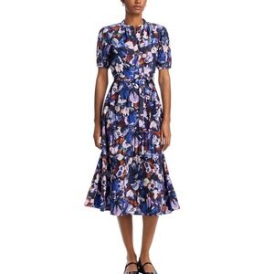 Derek Lam 10 Crosby‎ Alexandra Puff Sleeve Floral Midi Dress Size 10 Topaz Multi
